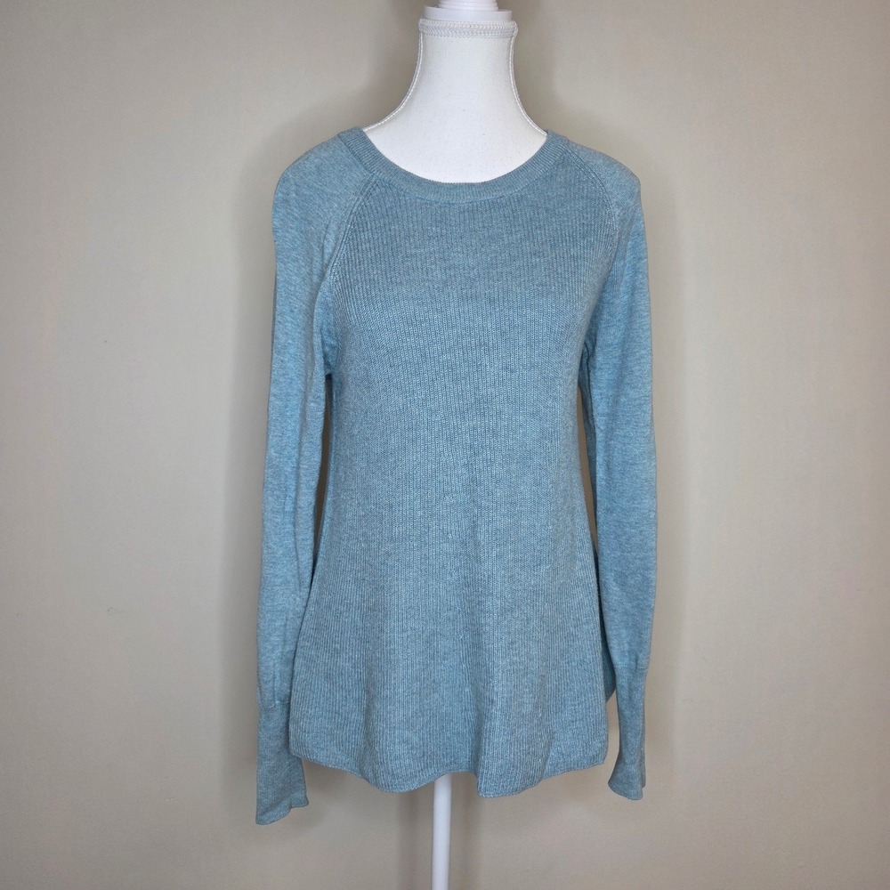 Cabi‎ Women Small Blue Ribbed Raglan Sleeve A-Line Knit Sweater Top Coastal